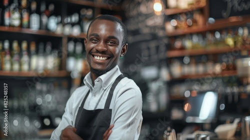 Smiling Bartender in a Wine Bar Poses for the Camera. 4K HD Wallpaper. AI-generated Background.