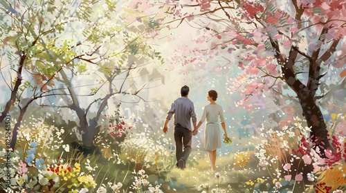 Romantic Stroll Through a Blossoming Spring Garden - Couple Holding Hands Amid Colorful Flowers and Greenery © ChalatBoonwan