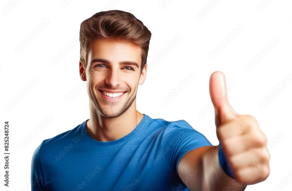 A young man showing a thumbs up, meaning everything is very good. On a transparent background.