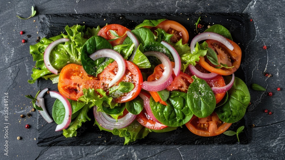Top view of a homemade vegetable salad featuring tomato carrot onion spinach and lettuce displayed on a black board