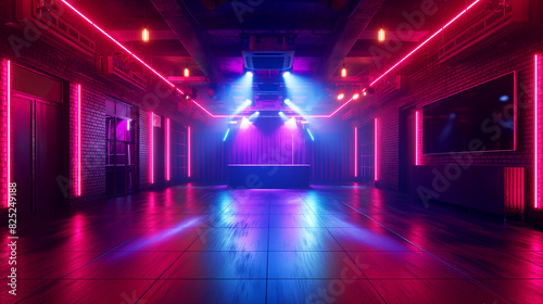 Neon-lit empty nightclub interior with dance floor and DJ booth. Copy space. Generative AI	