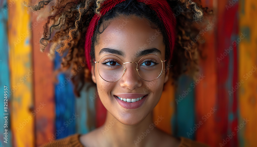 Young woman with curly hair and glasses smiling in front of a colorful background. Generated by AI.