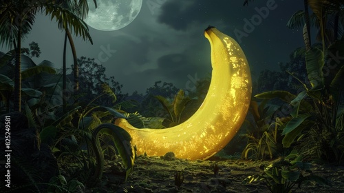 Glowing banana in a tropical jungle at night for summer or fantasy themed designs