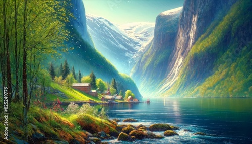 A scene unveiling lush and serene nature of Sognefjord, Norway in spring. photo