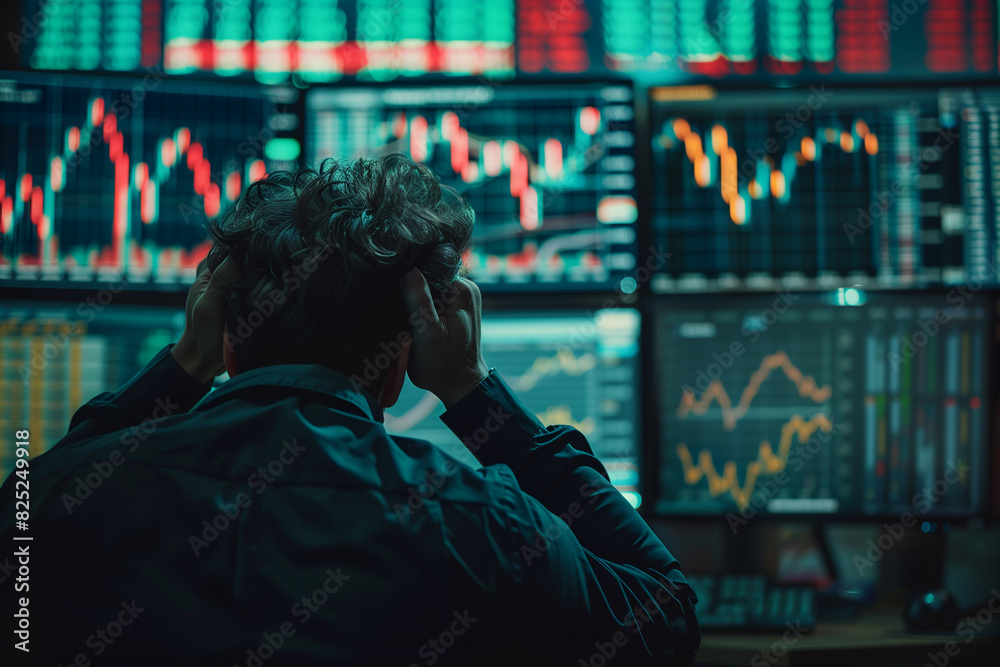 Stressed businessman watching stock market crash and business fall because of the economic crisis, Panic on Finance, 3d render