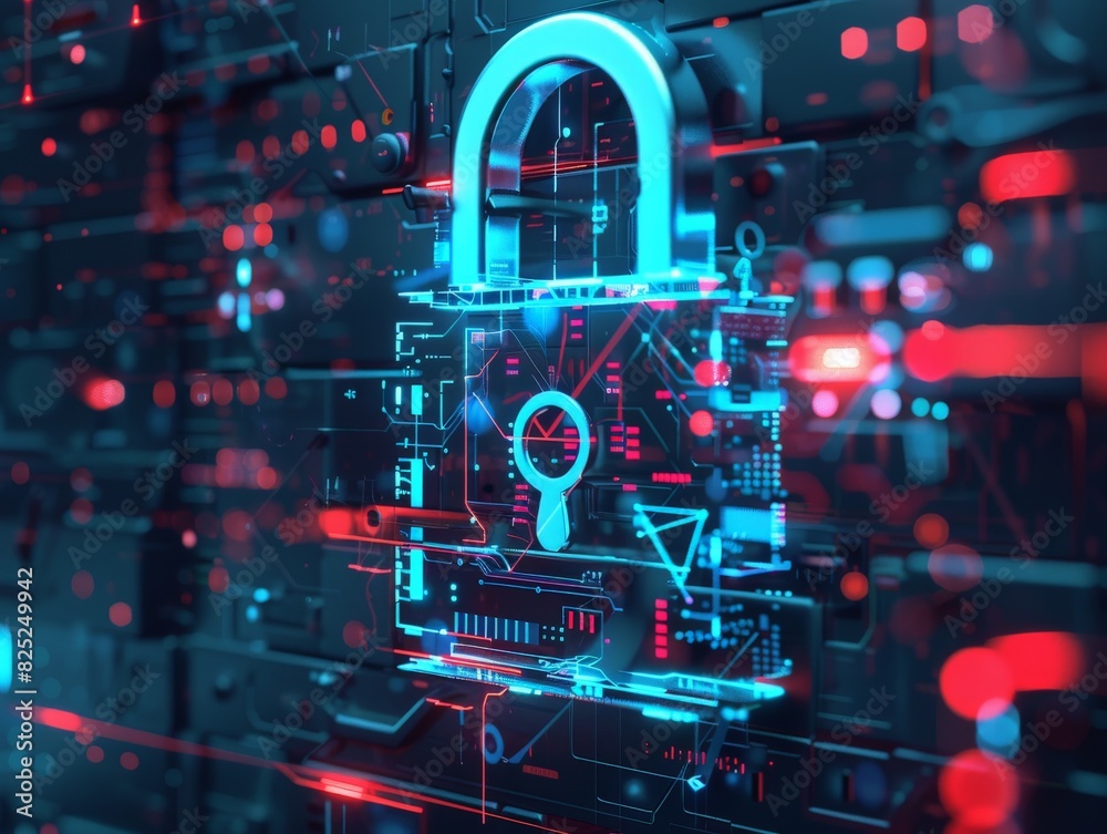 Glowing blue padlock icon over server rack. Concept of cyber security, data protection and privacy.