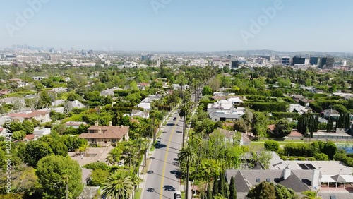 Beverly Hills Aerial 2024 - Flying low between palm trees and road #3