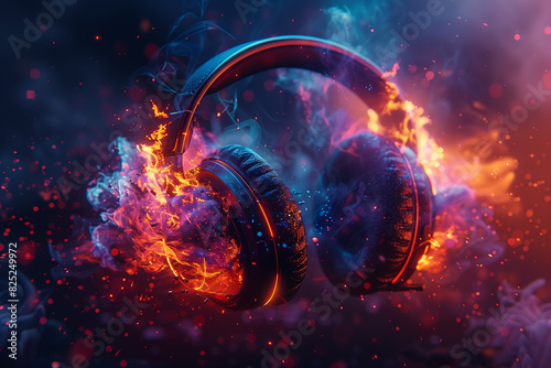 Stereo headphones exploding in festive colorful splash, flame and smoke with light effects on loud music sound, pulse, beats and flow, 3d render photo