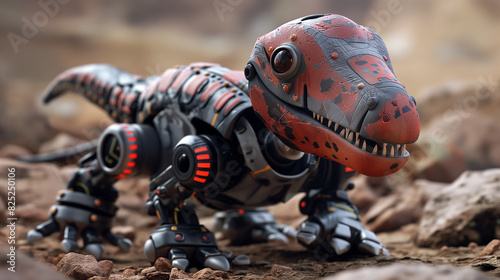 Um brinquedo robótico de dinossauro ou lagarto para animais de estimação com uma expressão sorridente, misturado com ilustração digital 3D e pintura fosca photo