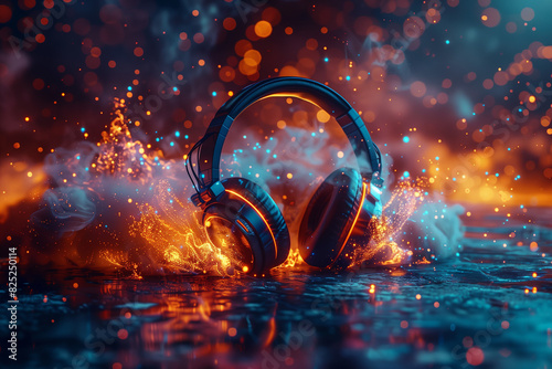 Stereo headphones exploding in festive colorful splash, flame and smoke with light effects on loud music sound, pulse, beats and flow, 3d render