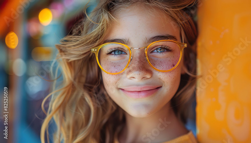 Closeup of smiling freckled girl with glasses. Generated by AI