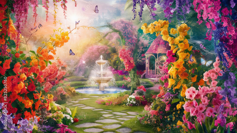 A lush, magical garden filled with blooming flowers in a riot of colors. Butterflies and hummingbirds flit among the blossoms, and a stone path winds through the greenery.