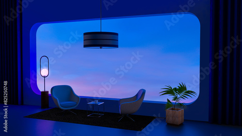 Twilight sky view from stylish interior modern room
