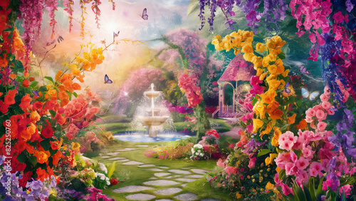 A lush, magical garden filled with blooming flowers in a riot of colors. Butterflies and hummingbirds flit among the blossoms, and a stone path winds through the greenery. photo