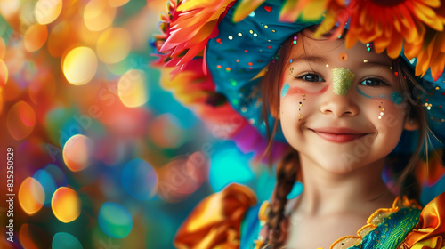 Young child in colorful carnival costume with bright hat. Copy space. Generative AI	