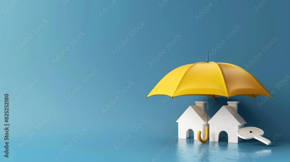 3D render of a simple yellow umbrella protecting three white house icons on a blue background, in a minimalistic style, at a high resolution