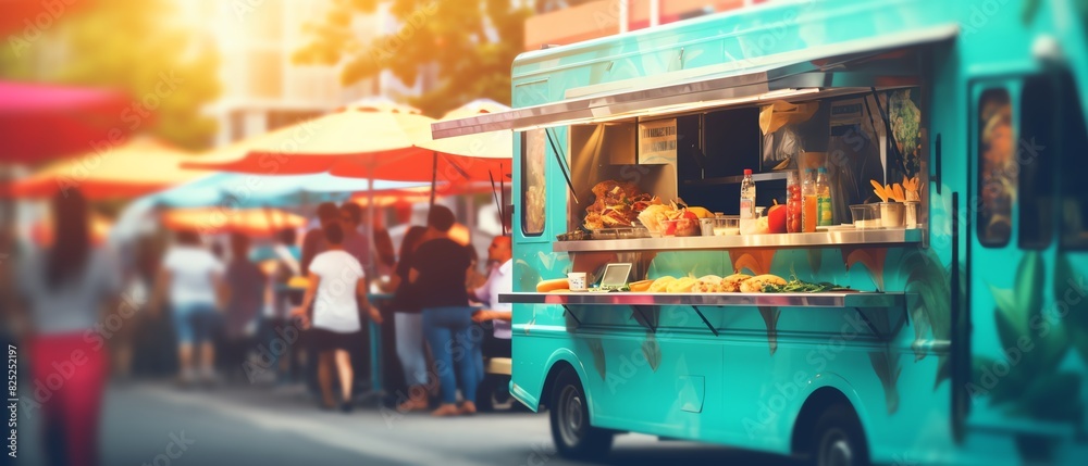 Fototapeta premium summer food truck in city festival, selective focus