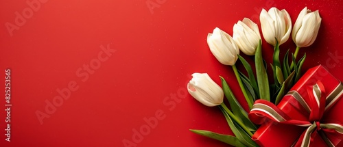 White tulips and red gift box on red background. #825253565