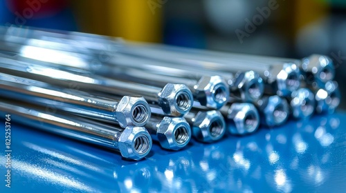 Close-up of multiple shiny metal rods with hexagonal heads on a blue surface, industrial and construction materials concept.