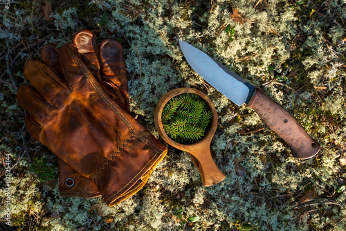 Brown leather gloves, knife and kuksa on moss in the forest. Tools for survival in the wild. All for bushcraft and hiking.