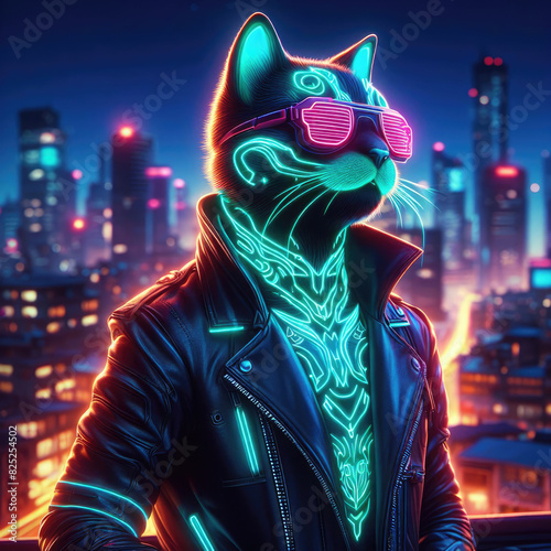 Generative AI A neon-lit cyberpunk cat prowls a futuristic cityscape, with retro-modern buildings casting a vibrant glow. The scene blends futuristic technology and urban aesthetic, High-Tec © Riefdeigartz
