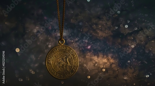 Gold medallion hanging in a starry night sky photo