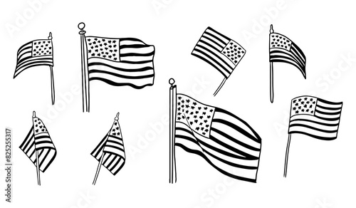 Contour doodle set of US flags in different position. Collection of sketchy outline drawings isolate on white background. Monochrome National Patriotic American holiday concept