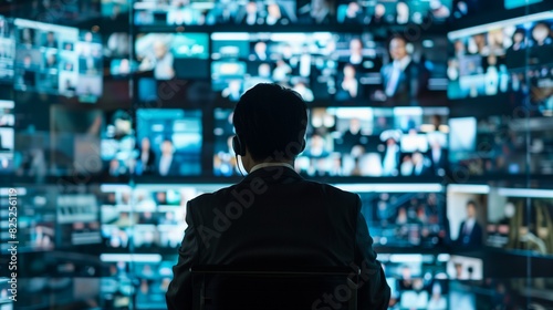 An Asian executive participating in a video conference call with international partners  with digital screens displaying live feeds from multiple locations.