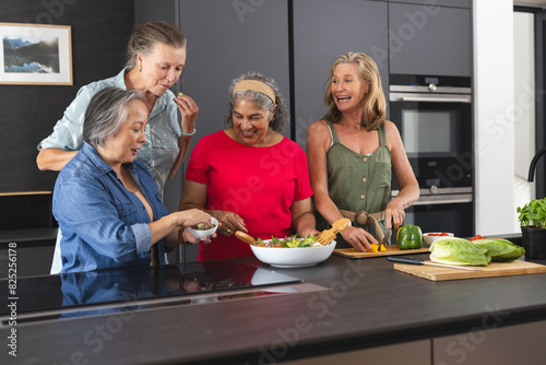 Diverse senior female friends preparing salad at home, laughing together
