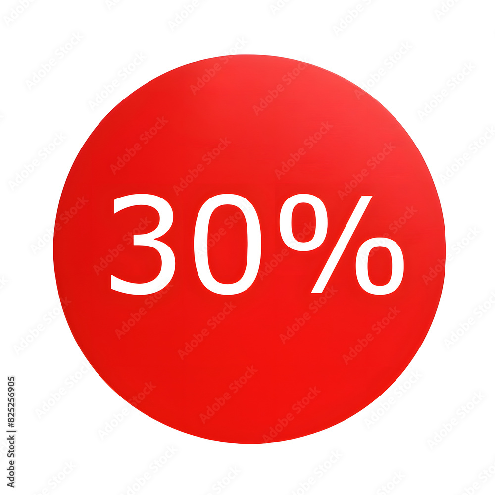 A round red sticker with white text announcing a 30% discount. Perfect for sales and promotions A round red sticker with white text announcing a 30% discount. Perfect for sales and promotions