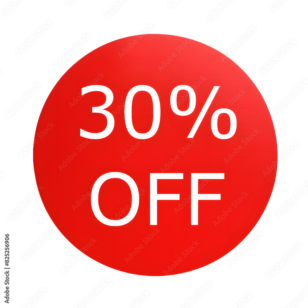A round red sticker with white text announcing a 30% discount. Perfect for sales and promotions A round red sticker with white text announcing a 30% discount. Perfect for sales and promotions