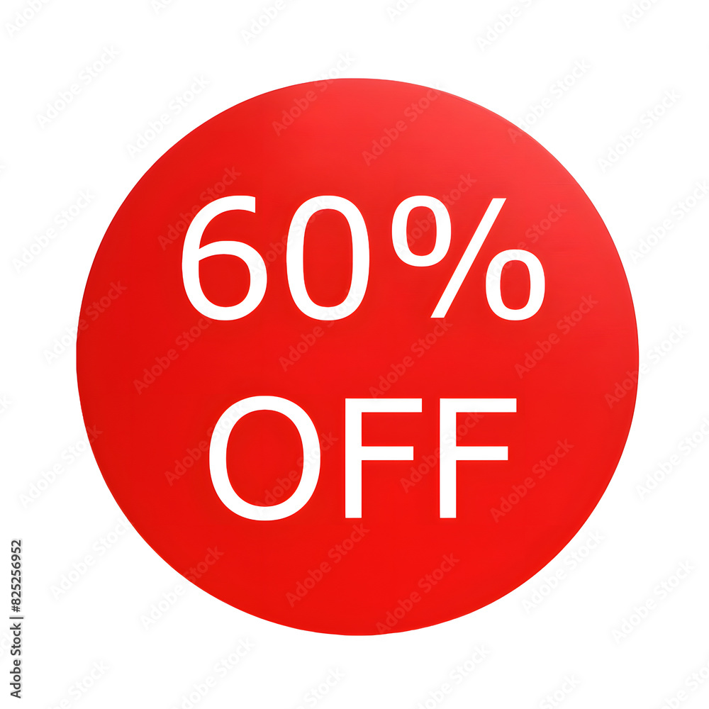 A round red sticker with white text announcing a 60% discount. Perfect for sales and promotions A round red sticker with white text announcing a 60% discount. Perfect for sales and promotions
