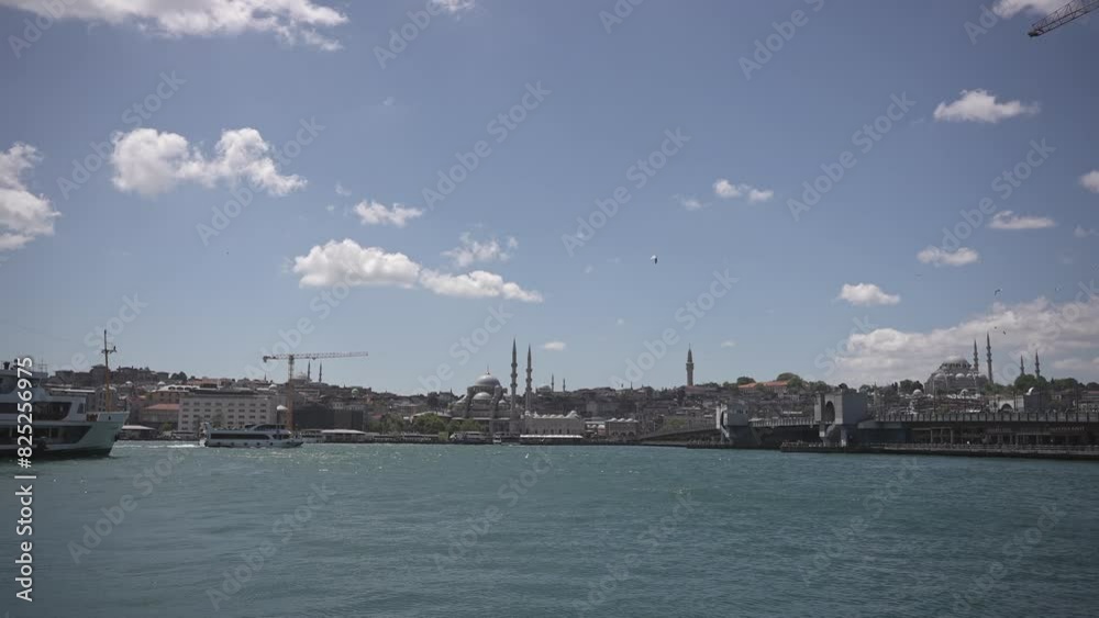 Ships, ferries, boats, historical buildings in the Bosphorus, Istanbul, Turkiye Ships, ferries, boats, historical buildings in the Bosphorus, Istanbul, Turkiye