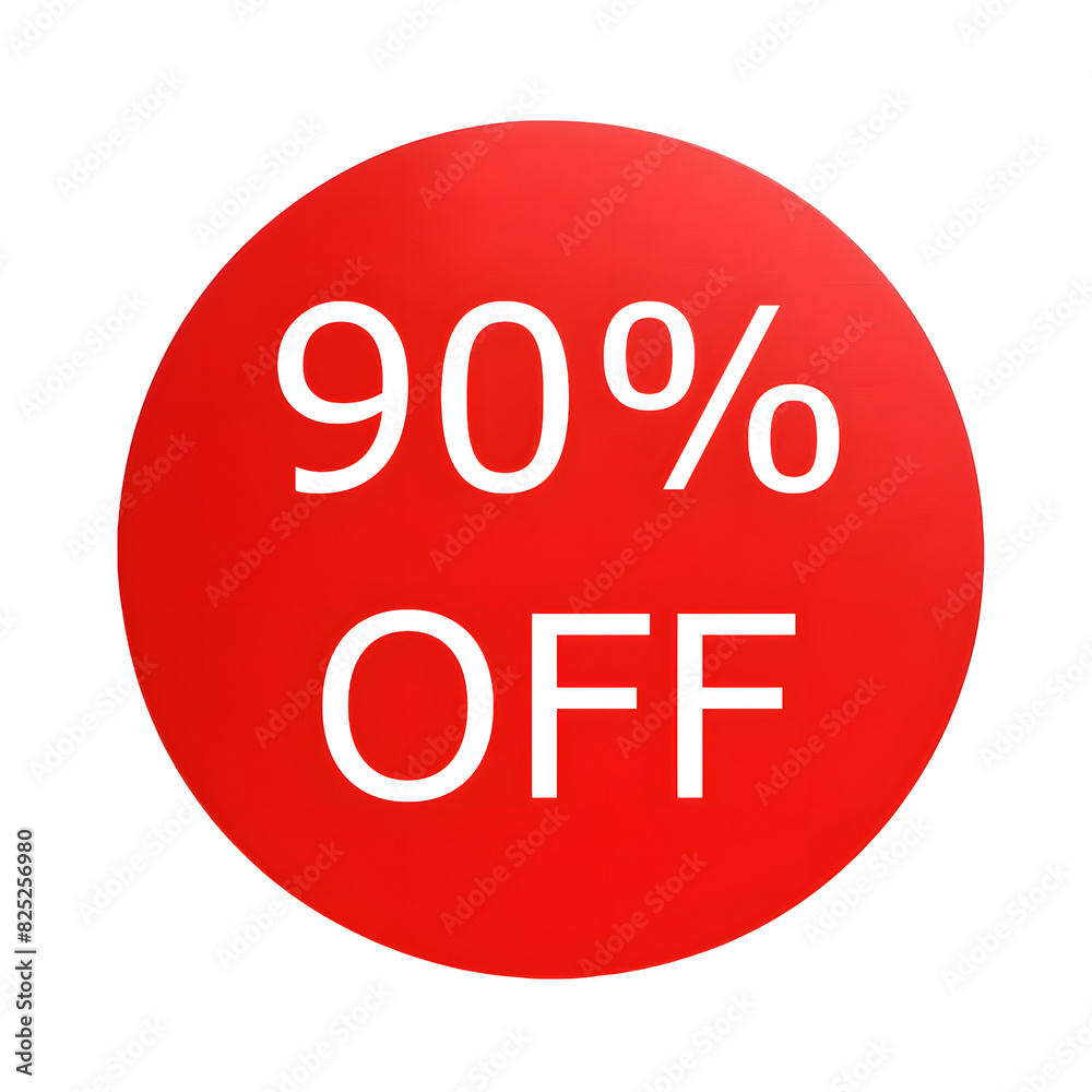 A round red sticker with white text announcing a 90% discount. Perfect for sales and promotions A round red sticker with white text announcing a 90% discount. Perfect for sales and promotions