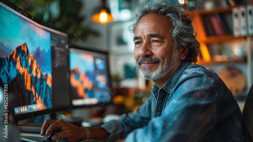 latinx middle-aged man in home office with neat workspace, dual monitors, video call in progress showcasing remote work solution for virtual team meeting photo