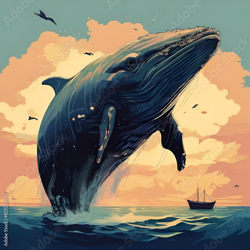 baleine bosse baleine bosse animal, vector, illustration, dragon, dolphin, black sunset backgroundc photo