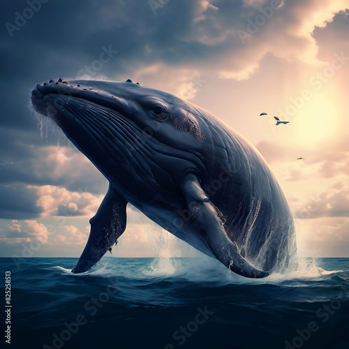 baleine bosse baleine bosse animal, vector, illustration, dragon, dolphin, black sunset background © Nadia