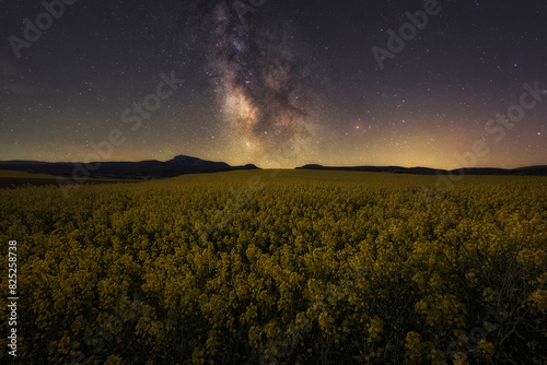 Rapeseed field in Estella, Navarra with the Milky Way over the mountains in the background photo