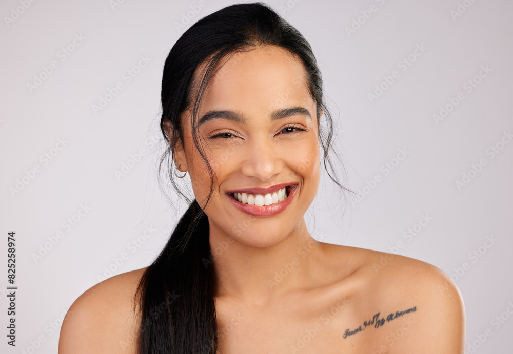 Woman, portrait and happy for skincare for routine in studio on white background and satisfied with results. Natural, beauty and smile with confidence for transformation, facial and skin treatment Woman, portrait and happy for skincare for routine in studio on white background and satisfied with results. Natural, beauty and smile with confidence for transformation, facial and skin treatment
