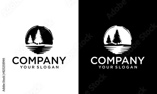 Creative Black Pine tree silhouette logo With Lake/River design vector illustration