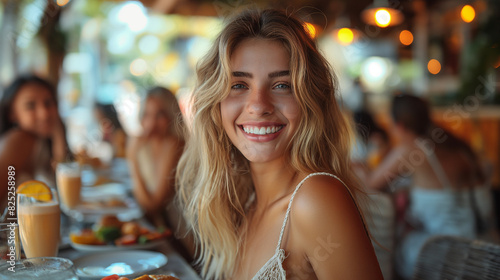 Portrait, happy woman and friends at coffee shop, restaurant and outdoor table together. Face, smile of person and girls at cafe with tea cup,