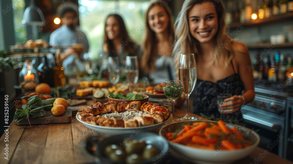 Group of Happy Friends Meeting and Having Dinner. Celebrating with Friends. Party Dinner Table. Enjoying Meal In Restaurant. Restaurant Chilling Out Classy Lifestyle 