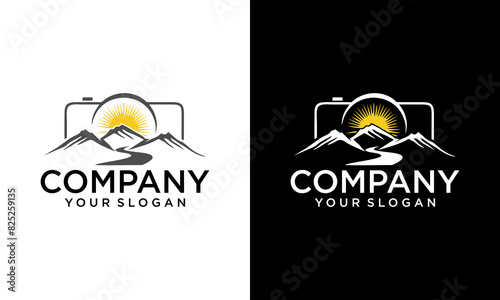 Creative sunset camera photography logo with nature mountain symbol vector illustration design