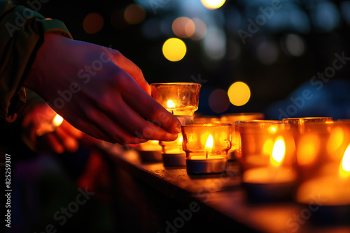hands lighting candles during an evening Memorial Day ceremony to honor fallen soldiers