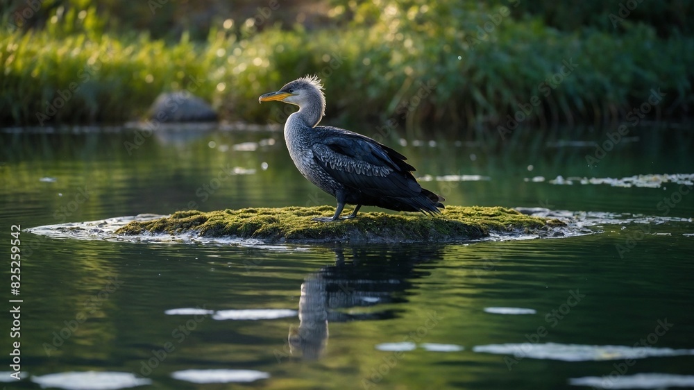 Cormorant finds solace on moss-covered rock amidst tranquil waters, basking under soft glow of sunlight that filters through backdrop of lush greenery. Cormorant finds solace on moss-covered rock amidst tranquil waters, basking under soft glow of sunlight that filters through backdrop of lush greenery.