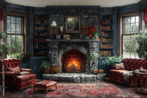 A fireplace in a traditional living room with antique furniture and cabinets full of books