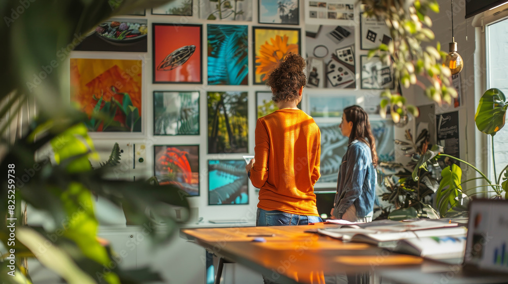 Creative professionals evaluating artwork in a modern office setting Creative professionals evaluating artwork in a modern office setting