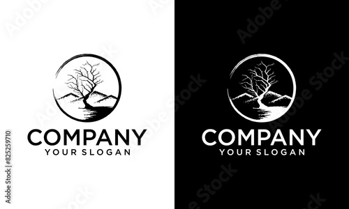 Creative circle logo design mountain peaks and With dry trees templates, mountain logo illustrations