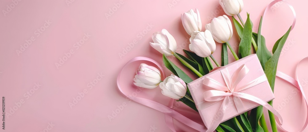White tulips with a pink ribbon and a gift on a pink background. pink tulips on a white background Mother's Day concept. Top view photo of bouquet of white and pink tulips on isolated pastel pink back