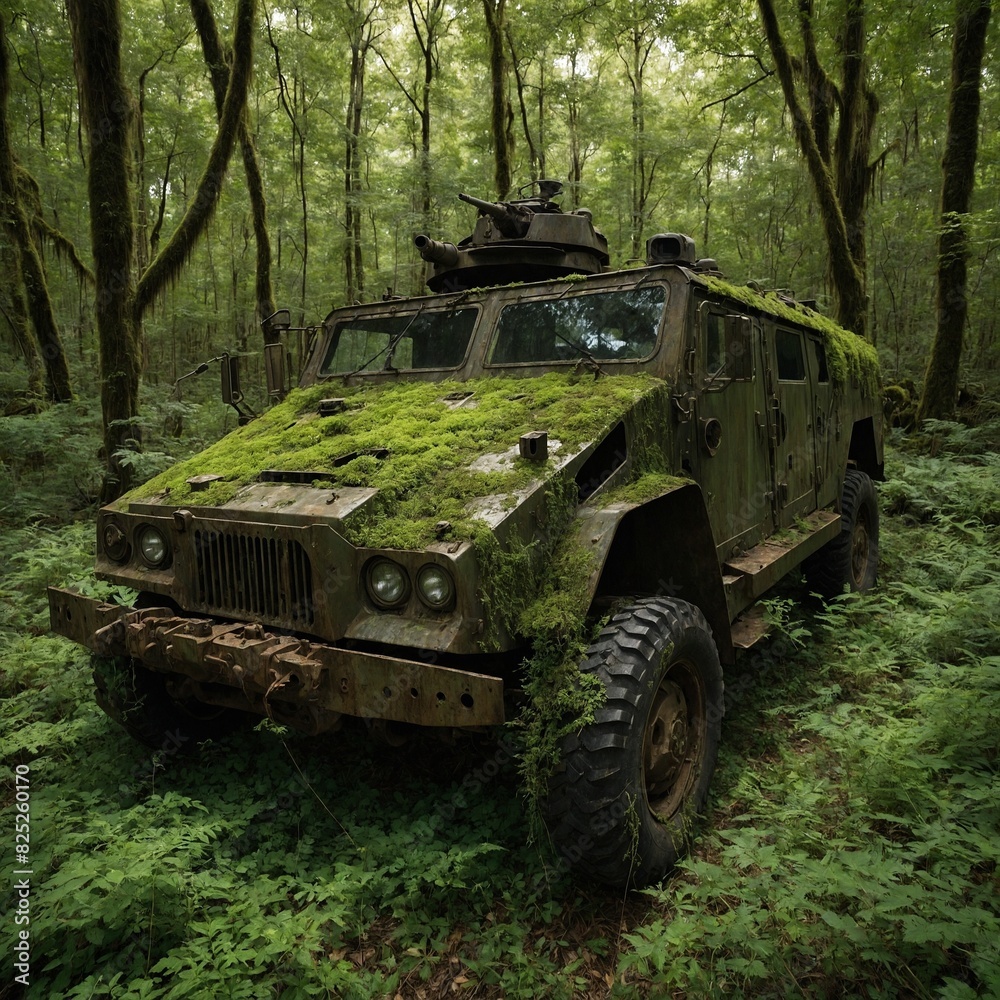 Fototapeta premium Military vehicle finds its rest in dense forest, with moss, foliage partially claiming its surface. Resembling armored personnel carrier, vehicle bears turret on top.